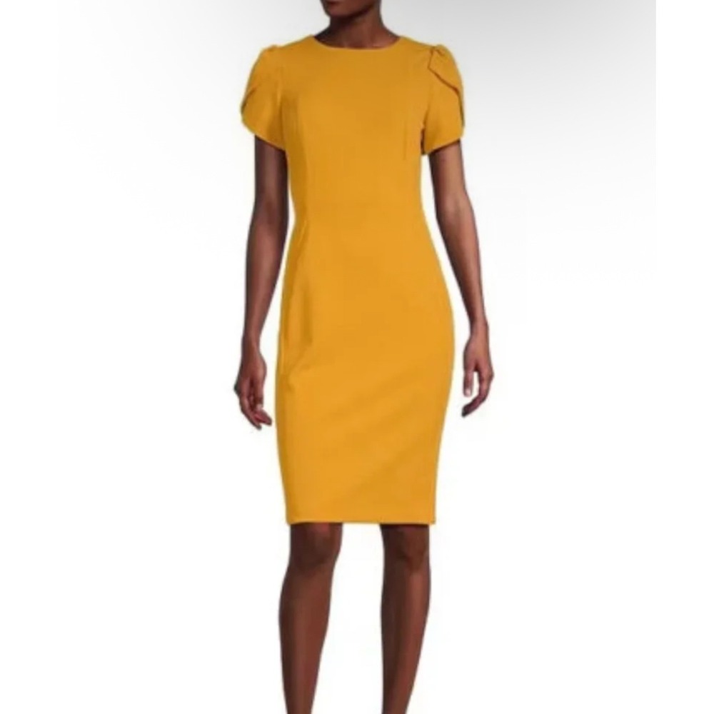 Calvin Klein Sheath Dress‎ Women 14 Mustard Yellow Tulip Sleeve Career Business
